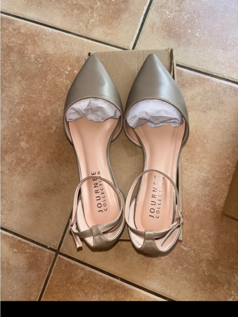 Journee Collection Metallic Taupe Pointed Toe Ankle Strap Heels - Picture 2 of 11